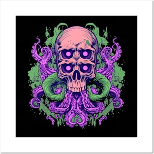 Trippy Retro Skull with Octopus Tentacles Posters and Art